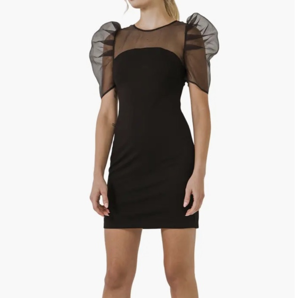Endless Rose Mixed Media Puff Sheer Sleeve Mini Dress Black Size Medium